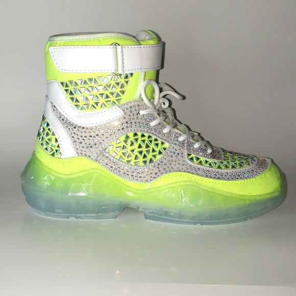 HI TOP LACE UP NEON LIME RHINESTONE SNEAKERS - Picture 2 of 6